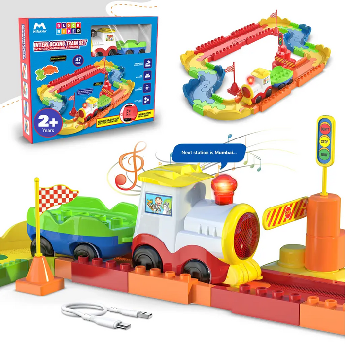 MIRANA BASIC BLOCK RIDER TOY TRAIN SET WITH COLORFUL & MULTIPLE TRACK LAYOUT, VARIOUS SOUND MODES - VANDE BHARAT, RAJDHANI, DELHI METRO (47 PCS)