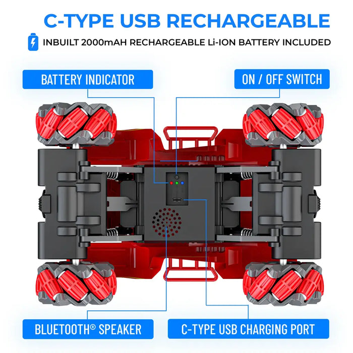 MIRANA DRIFTER 360 ROTATING MUSICAL TOY CAR, SCALE 1:20 1.5* HIGH SPEED BOOST, 2000 MAH C-TYPE USB RACHARGEABLE BATTERY (RED)