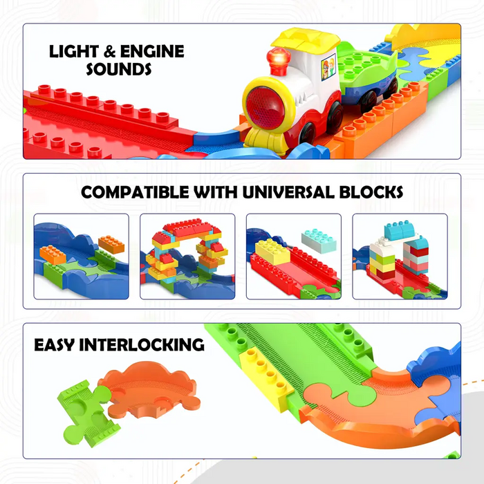 MIRANA BASIC BLOCK RIDER TOY TRAIN SET WITH COLORFUL & MULTIPLE TRACK LAYOUT, VARIOUS SOUND MODES - VANDE BHARAT, RAJDHANI, DELHI METRO (47 PCS)