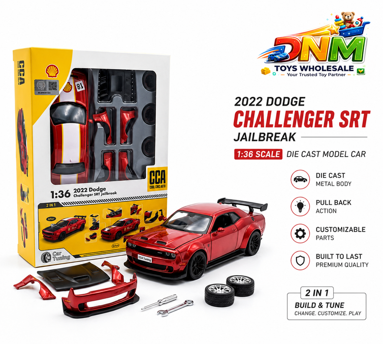 CCA Official Licensed 2022 Dodge Challenger SRT Jailbreak Diecast Model Car | 1:36 Scale Pull Back Metal Toy Muscle Car with 2-in-1 Tuning Kit