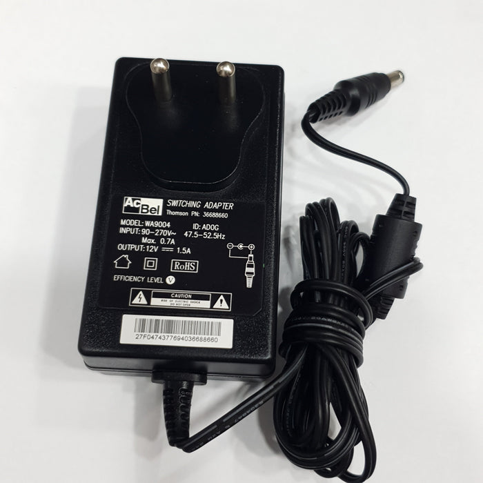 ACBEL AC-DC ADAPTOR (MODEL WA9004) AC INPUT: 90-270V DC OUTPUT: 12V 1.5A WITH 5.5MM X 2.5MM BARREL PIN