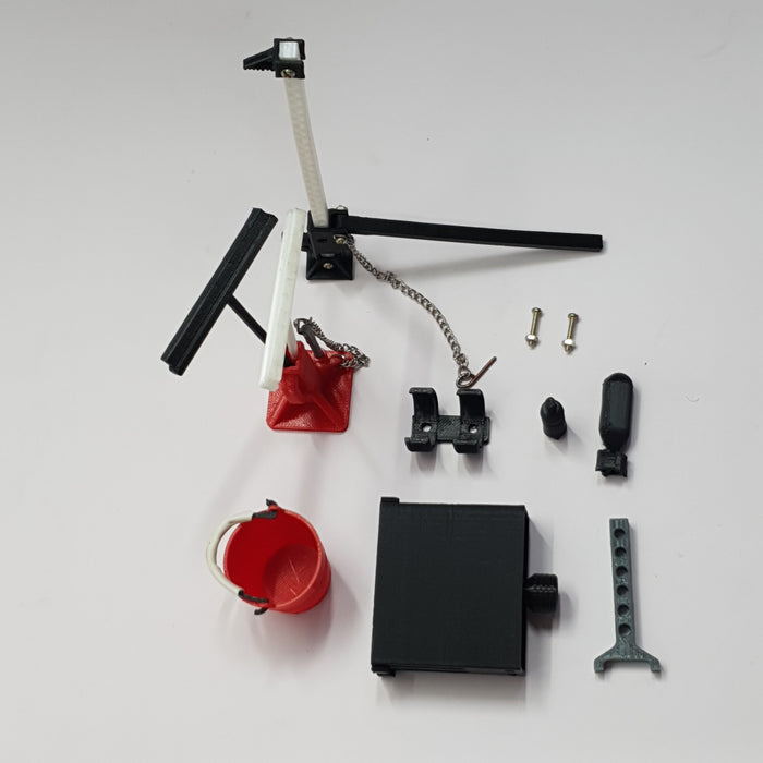 SCALE MINIATURE ACCESSORIES RC SCISSOR LIFT JACK FUNCTIONAL ADJUSTABLE GARAGE STAND FOR RC CARS + BUCKET JACK, FLOOR BRUSH