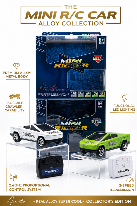 Trasped 1:64 Scale Die-Cast Alloy Cybertruck Style RC Car — 3-Speed Proportional Micro Crawler with LED Lights