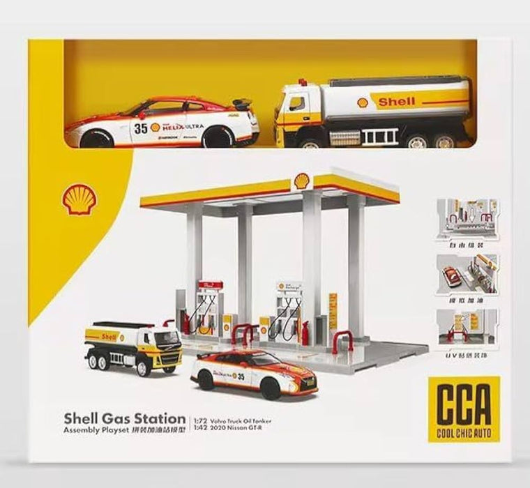 CCA 67277E SHELL GAS STATION ASSEMBLY PLAYSET 1/72 VOLVO TRUCK OIL TANKER 1/42 2020 NISSAN GT-R