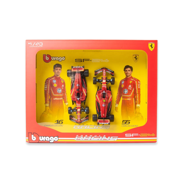 BBURAGO FERRARI FORMULA RACING SF24 # 16 CHARLES LECLERC & #55 CARLOS SAINZ 1:43 SCALE DIECAST 18-36856(2Pc)