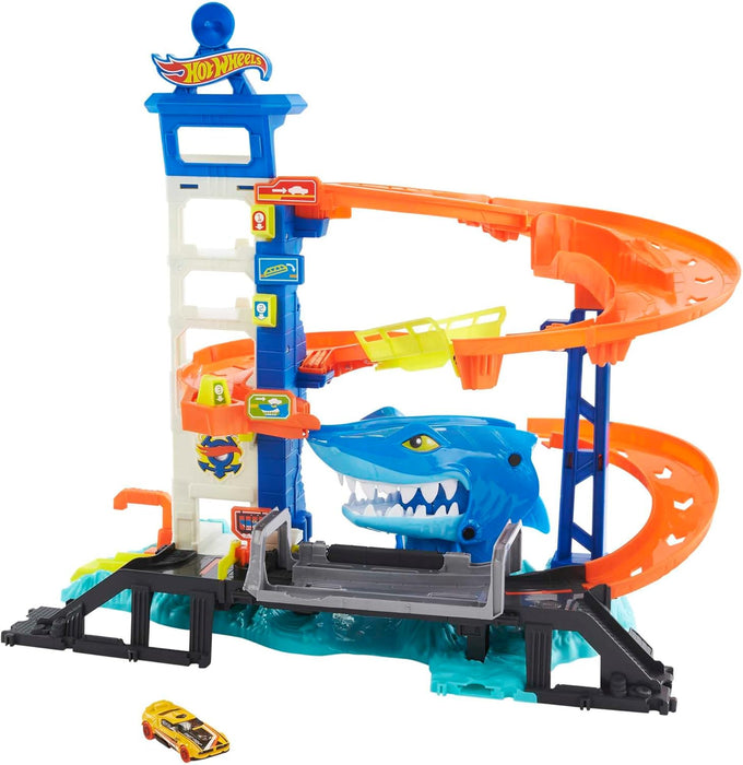 HOT WHEELS CITY TOY CAR TRACK SET, ATTACKING SHARK ESCAPE PLAYSET WITH 1:64 SCALE VEHICLE, MULTIPLE LEVELS, KID-POWERED LIFT, RACE TO ESCAPE (Product No:HDP06)