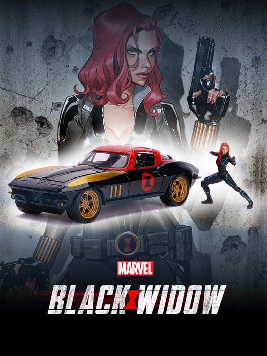 JADA TOYS DIECAST HOLLYWOOD RIDES 1:24 1966 CHEVY CORVETTE CAR WITH BLACK WIDOW ACTION