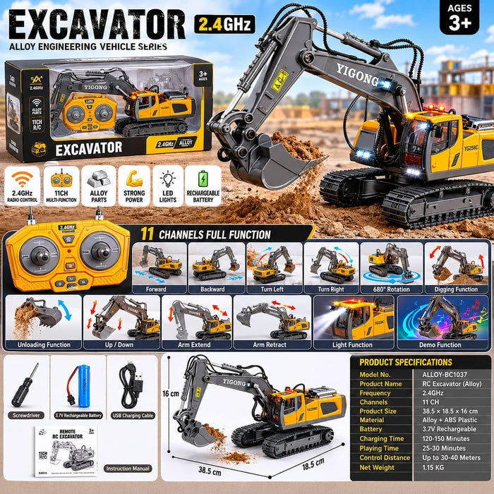 BC1043 2.4GHz 11-Channel R/C Die-Cast Alloy Excavator Engineering Vehicle