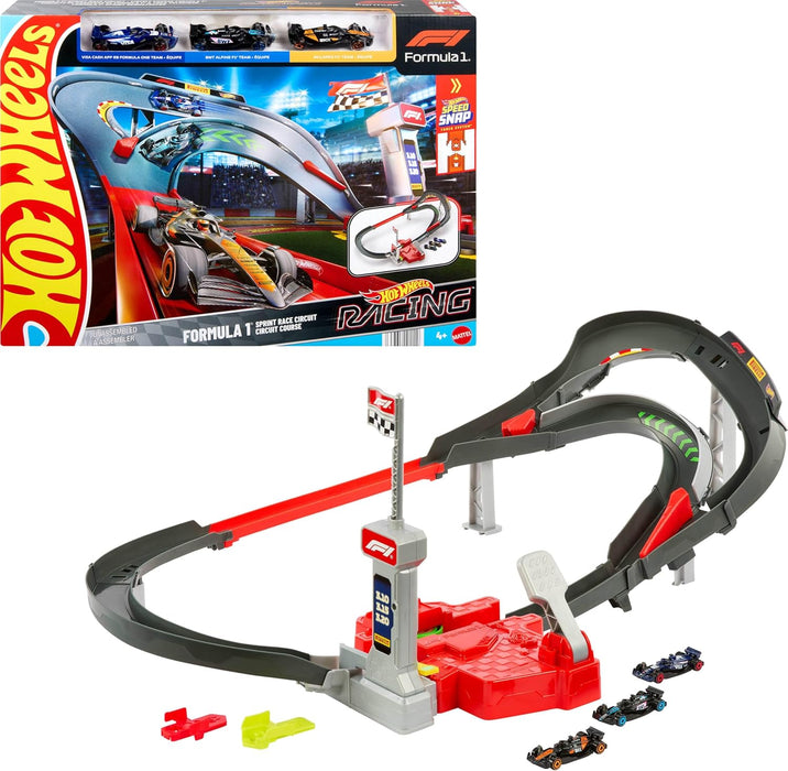 HOT WHEELS TRACK SET TOY CARS, 3 METAL 1:64 SCALE FORMULA 1 VEHICLES: MCLAREN F1 TEAM, BWT ALPINE AND VISA RB JDY15