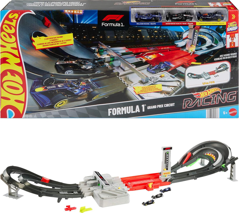 HOT WHEELS TRACK SET TOY CARS, 3 METAL 1:64 SCALE FORMULA 1 VEHICLES: MCLAREN F1 TEAM, BWT ALPINE AND VISA RB JDY15