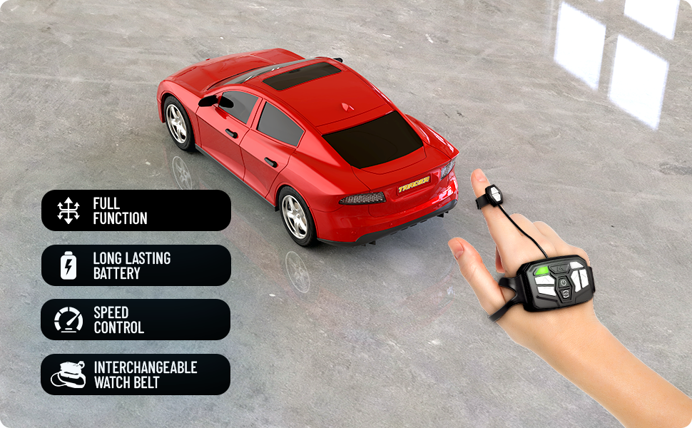 MIRANA WATCH CONTROL TRACER RC CAR HAND & APP CONTROL WITH BLUETOOTH SPEAKER C-TYPE CHARGING HIGH SPEED RACING ( RED )