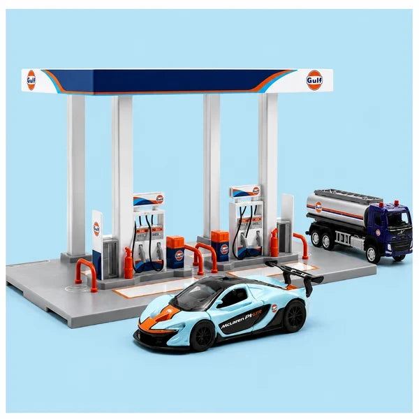 CCA 67277F GULF OIL GAS STATION ASSEMBLY PLAYSET 1/72 VOLVO TRUCK OIL TANKER 1/40 MCLAREN P1 GTR