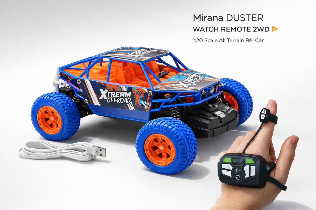 MIRANA DUSTER WATCH REMOTE 2WD, SCALE 1:20, ALL TERRAIN VEHICLE  2.4 GHZ RANGE, 1200 MAH BATTERY, C-TYPE RECHARGEABLE BATTERY, 1.5*POWERFULL BOOST (ORANGE BLUE)