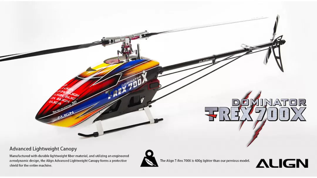 ALIGN TREX DOMINATOR 700X  FULL HELI  PARTS USED (CYCLIC SERVOS- ALIGN HV Ds820mx3/TAIL SERVO-ALIGN HV DS825M ESC-HOBBYWING PLATINUM PRO ESC  120A V4/FLYBARLESS UNIT-SPRIT PRO FLYBARLESS UNIT/MOTOR-ALIGN RCM BL850MX 490KV)