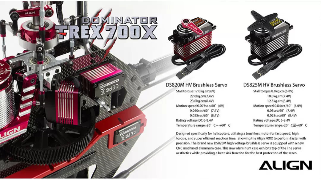 ALIGN TREX DOMINATOR 700X  FULL HELI  PARTS USED (CYCLIC SERVOS- ALIGN HV Ds820mx3/TAIL SERVO-ALIGN HV DS825M ESC-HOBBYWING PLATINUM PRO ESC  120A V4/FLYBARLESS UNIT-SPRIT PRO FLYBARLESS UNIT/MOTOR-ALIGN RCM BL850MX 490KV)
