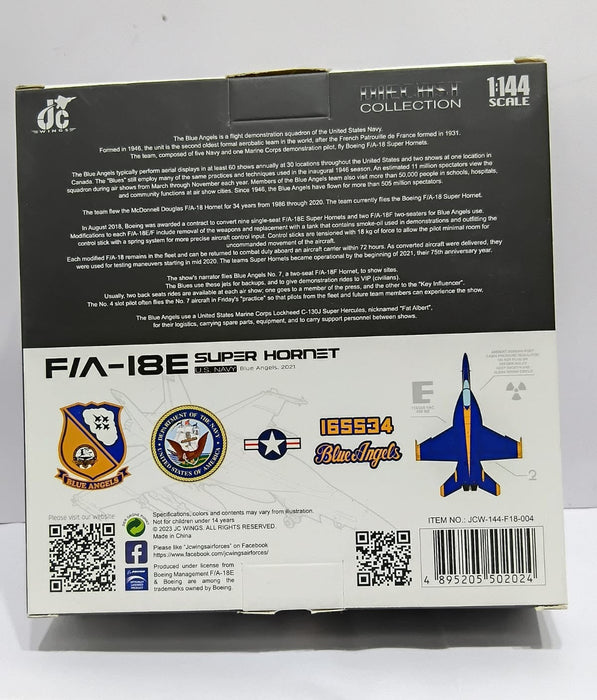 JC Wings F/A-18E Super Hornet Blue Angels 2021 Diecast Aircraft – 1/144 Scale U.S. Navy Collectible Model (JCW-144-F18-004)
