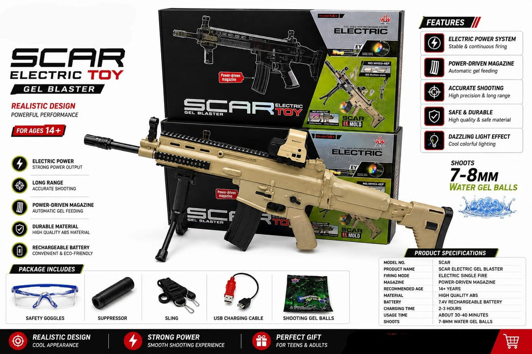 SCAR Electric Gel Blaster Toy | 7–8mm Water Gel Ball Blaster with Rechargeable Battery