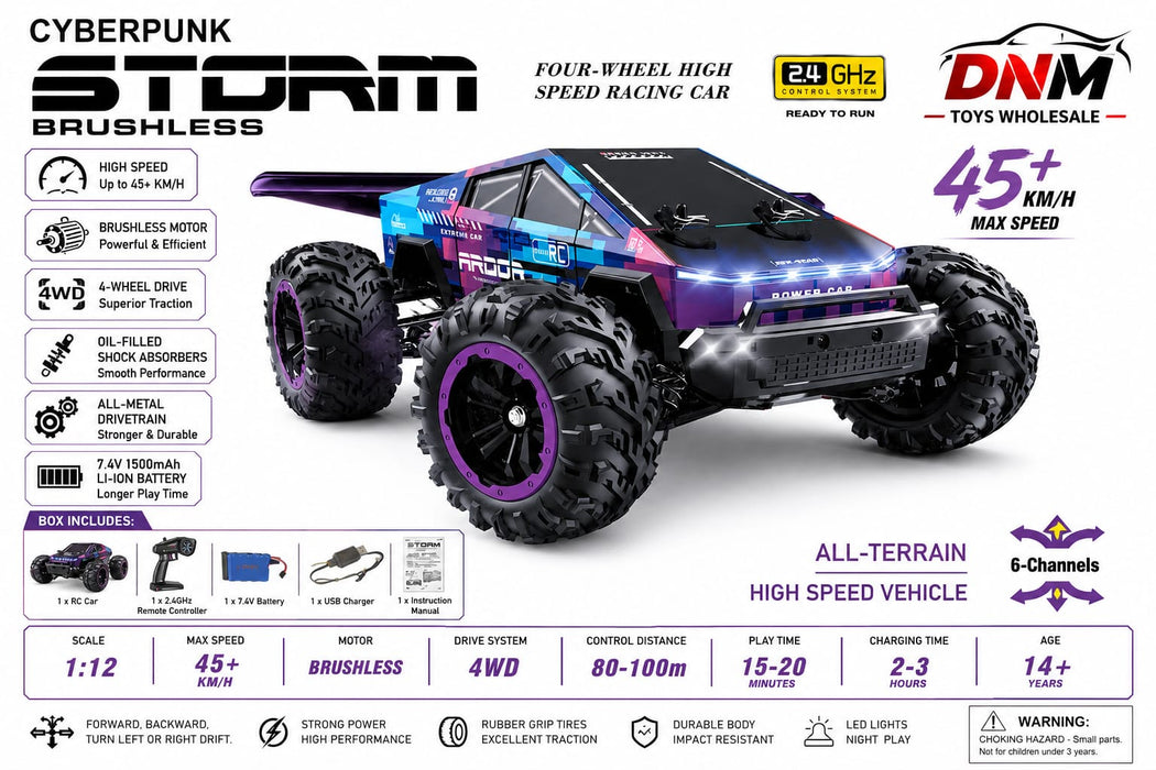 1:12 Scale Brushless RC Car 45+ KM/H High Speed 4WD All-Terrain Racing Car with 2.4GHz Remote Control