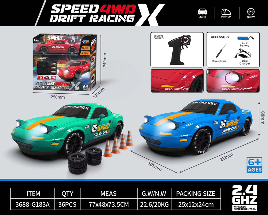 4WD High-Speed Remote Control Drift Car - 2.4GHz RC Racing Toy Car with Pop-Up Lights (Ages 6+)