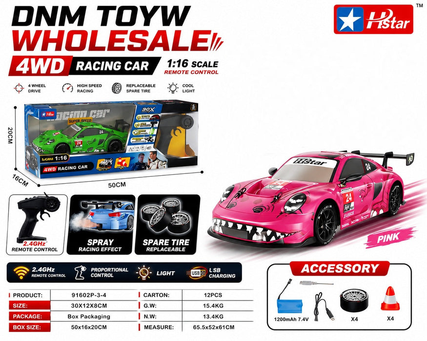 91602P-3-4 1:16 Scale 4WD High-Speed RC Racing Car with Spray Effect & Spare Tires