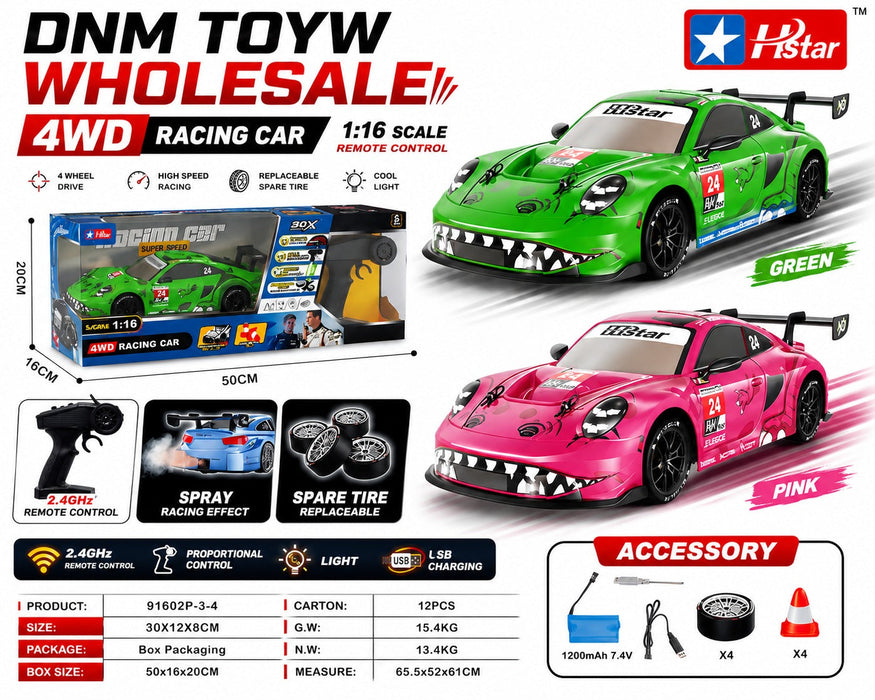 91602P-3-4 1:16 Scale 4WD High-Speed RC Racing Car with Spray Effect & Spare Tires
