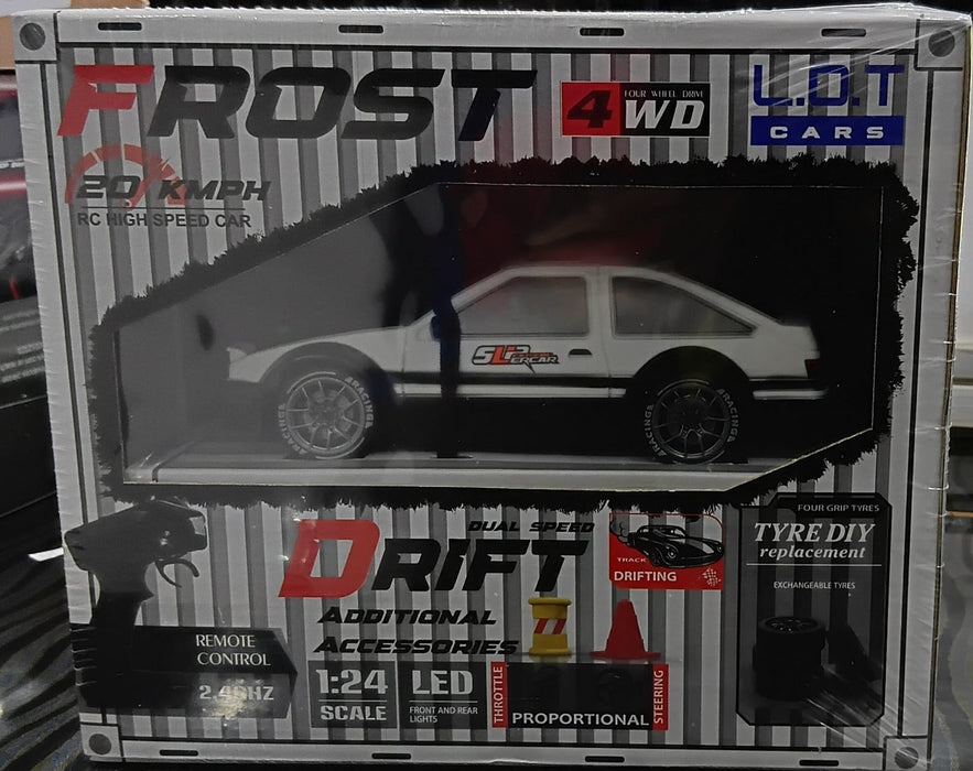L.O.T 20 KMPH RC HIGH SPEED CAR FROST 4WD DUAL SPEED DRIFT ADDITIONAL ACCESSORIES REMOTE CONTROL 2.4GHZ / 1:24 SCALE LED FROST CAR (TYRE DIY REPLACEMENT) WHITE