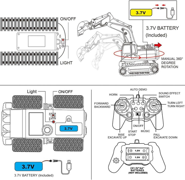 REMOTE CONTROL JCB- 11 CHANNEL METAL SHOVEL RC EXCAVATOR WITH MUSIC, 1:24 RC CONSTRUCTION VEHICLES WITH 2 BATTERIES