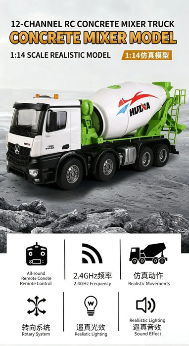 12CH 1/14 RC Huina 1537 Metal Mixer Truck RTR Toys Radio Battery Light Sound