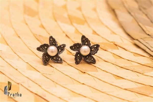 Marcasite Flower-Pearl Studds