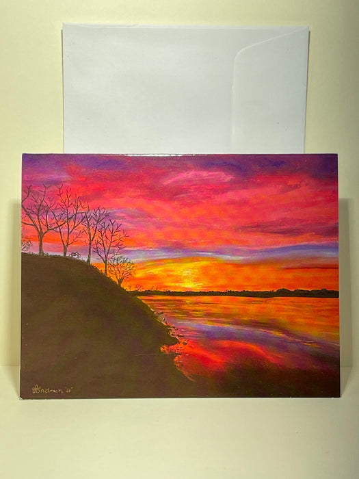 Gift Card with Pastel Drawing of a Sunset. Blank Card.