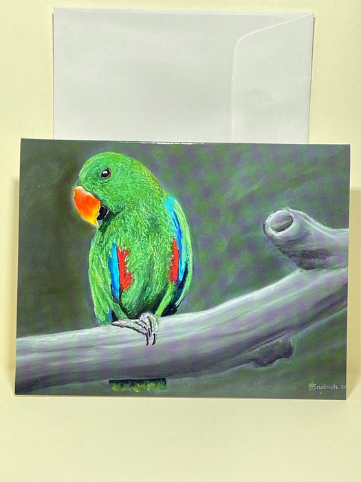 Gift Card with Pastel Drawing of a Green Parrot. Blank Card.