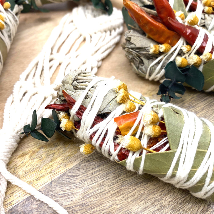 White Sage & Copal Smudge Stick with Red Chili Peppers, Bay Leaves,  4 "