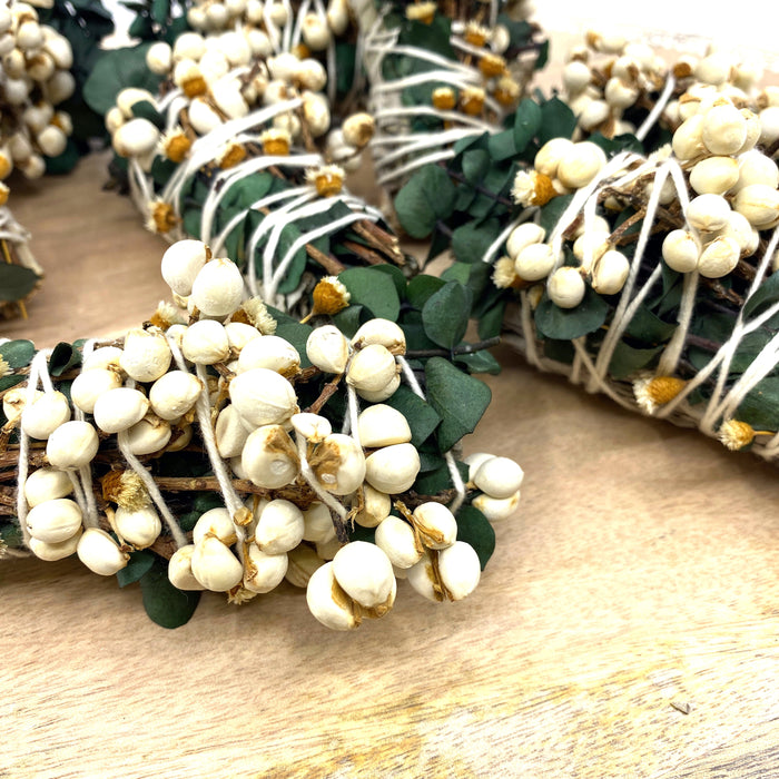 White Sage & Copal Smudge Stick with Eucalyptus, White Tallow Berries, 4"