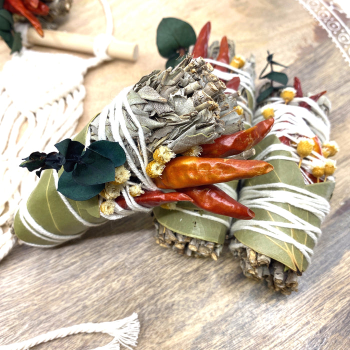 White Sage & Copal Smudge Stick with Red Chili Peppers, Bay Leaves,  4 "