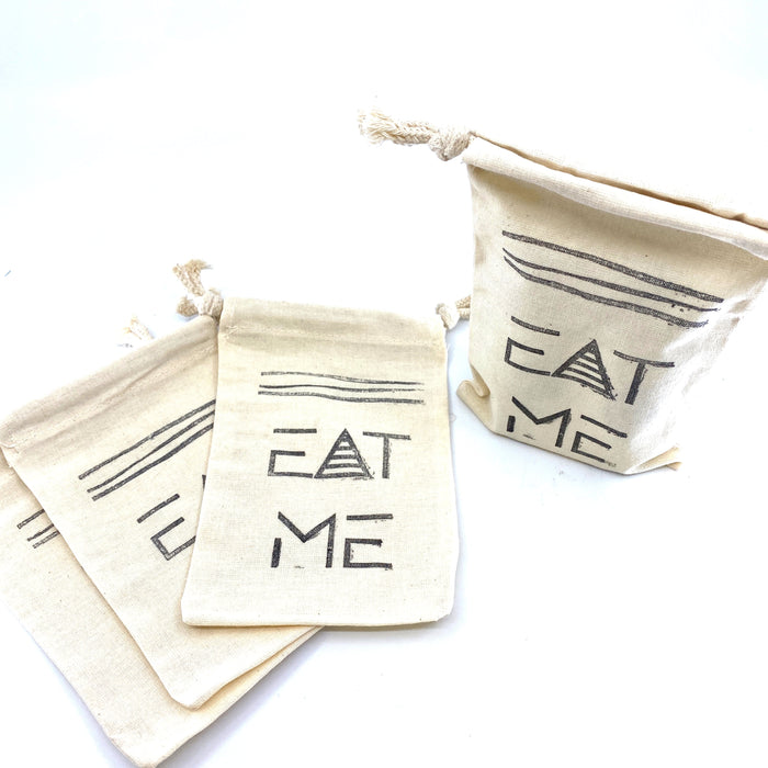Hand Stamped, Eat Me, Cotton Drawstring Pouches 4" x 6"