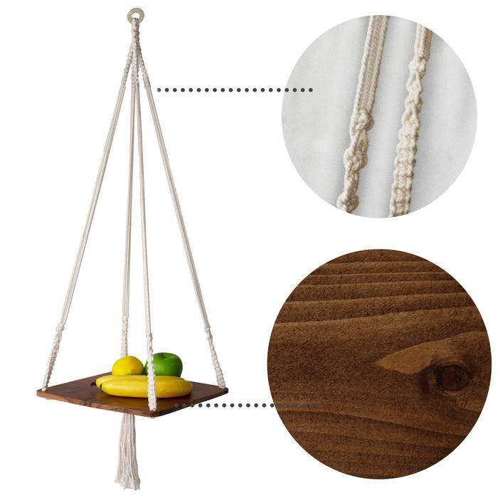 Macrame Plant Hanger Shelf with Wooden Tray for Indoor Garden and Balcony Decoration