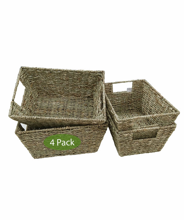 Wicker Trapezoid Storage Baskets | Shelving Bin Closet Organizer With Handles | Set of 4 Natural