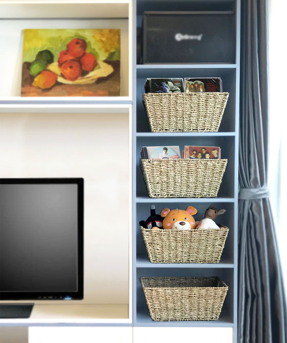 Wicker Trapezoid Storage Baskets | Shelving Bin Closet Organizer With Handles | Set of 4 Natural