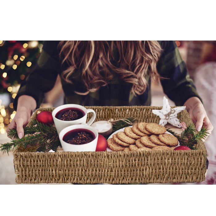 Wicker Serving Trays w Handles | Handwoven Rectangular Serving Platter Trays for Dining Table