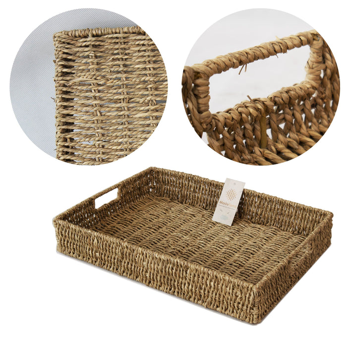 Wicker Serving Trays w Handles | Handwoven Rectangular Serving Platter Trays for Dining Table