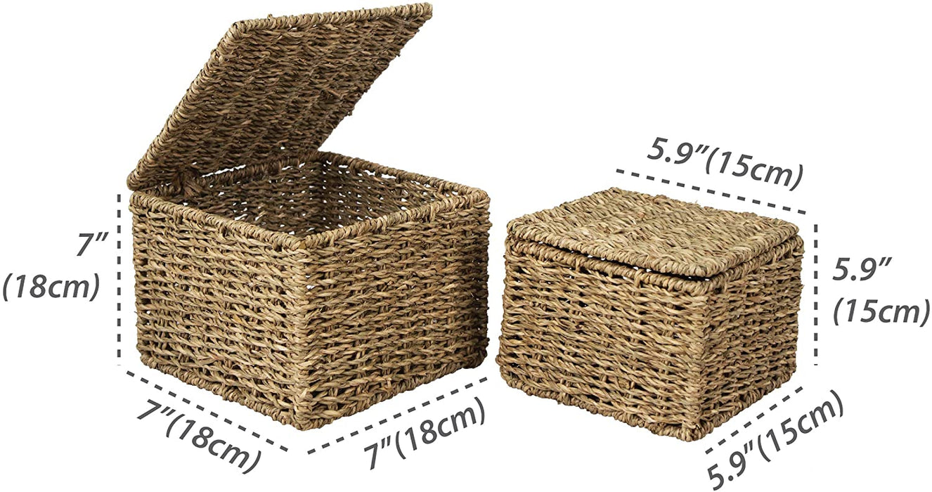 Set of 2 Nesting Wicker Cube Storage Boxes with Lids and Metal Steel Frame Basket Organiser for Home Storage