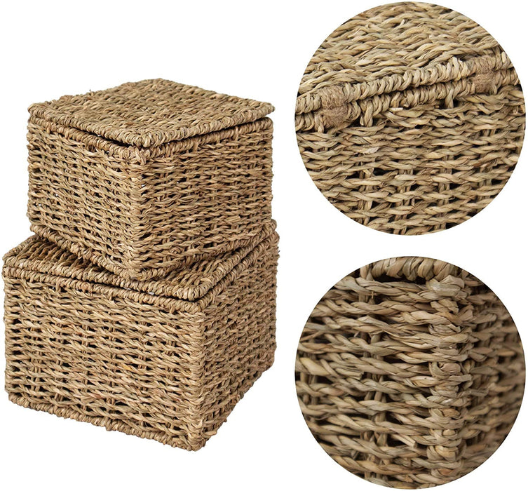 Set of 2 Nesting Wicker Cube Storage Boxes with Lids and Metal Steel Frame Basket Organiser for Home Storage