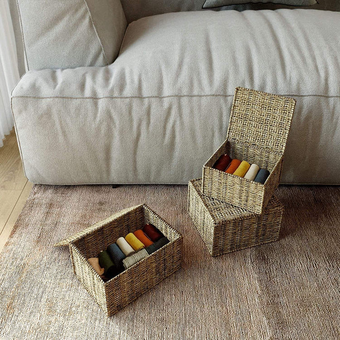 Set of 2 Nesting Wicker Cube Storage Boxes with Lids and Metal Steel Frame Basket Organiser for Home Storage