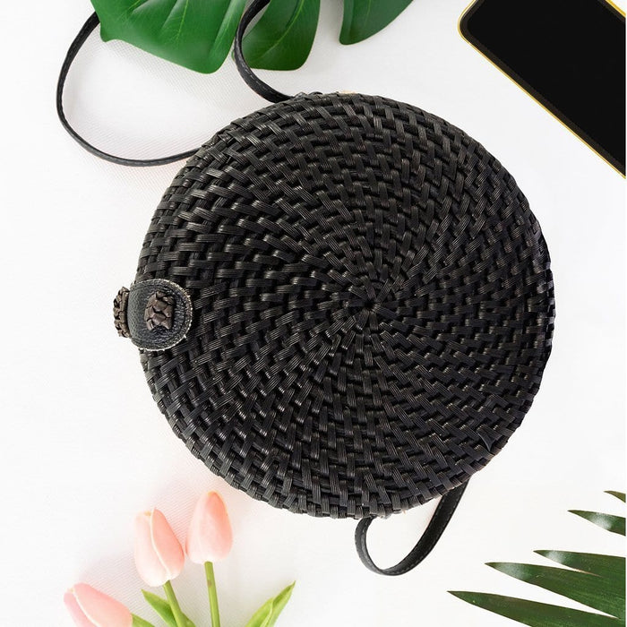 7-Inch Black Rattan Round Crossbody Bag | Summer Essential Woven Handbag for Women