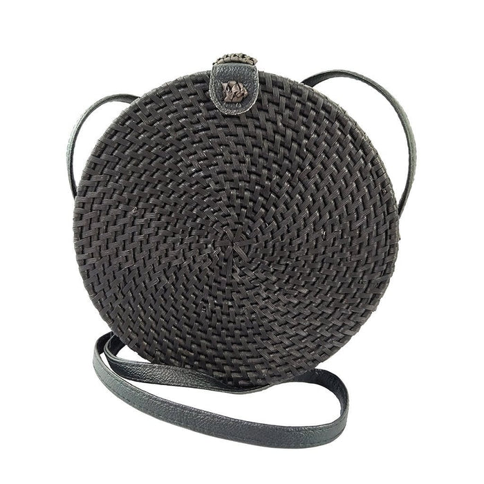 9-inch Black Straw Crossbody Bag | Wicker Woven Rattan Handbag for Women