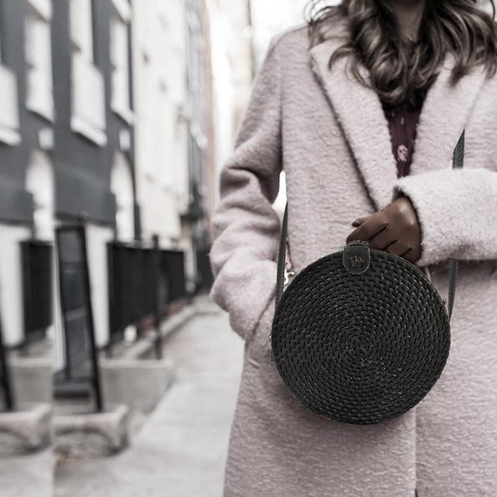 9-inch Black Straw Crossbody Bag | Wicker Woven Rattan Handbag for Women