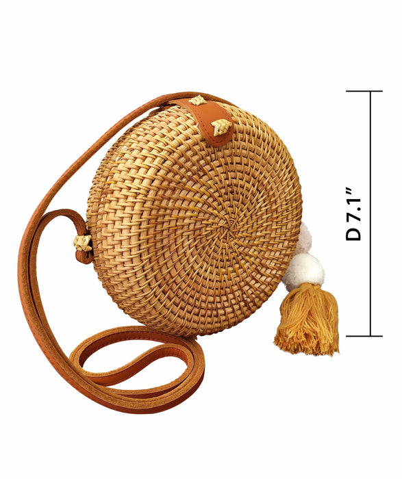 Round Rattan Bag (7-inch) | Hand Woven Boho Bali Ata Rattan Crossbody Handbags