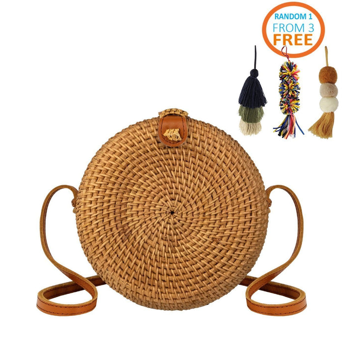 Round Rattan Bag (7-inch) | Hand Woven Boho Bali Ata Rattan Crossbody Handbags