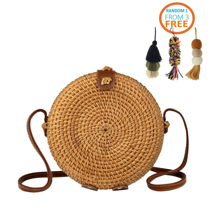 Round Rattan Bag (7-inch) | Hand Woven Boho Bali Ata Rattan Crossbody Handbags