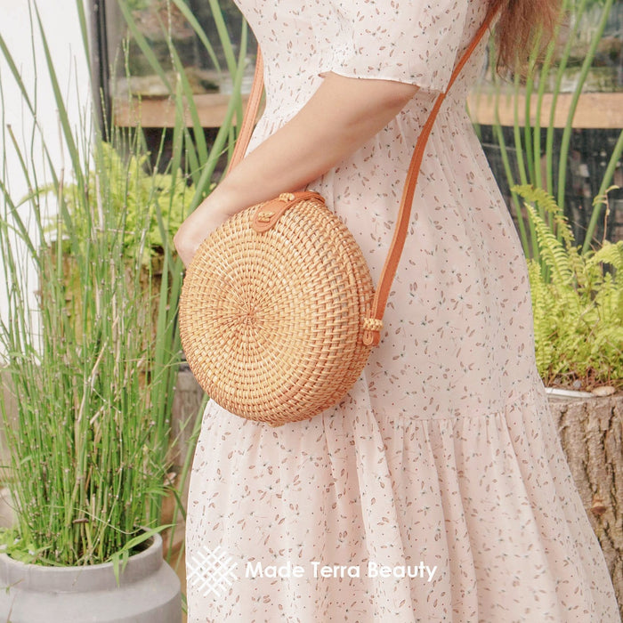 Round Rattan Bag (7-inch) | Hand Woven Boho Bali Ata Rattan Crossbody Handbags